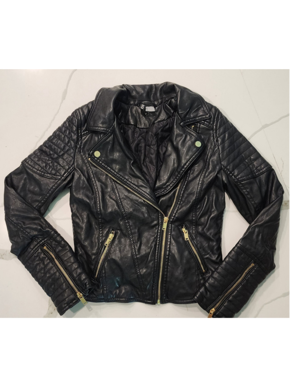 H&M Divided Black Faux Leather Moto Biker Jacket Size 0 XS Gold Zip Y2K